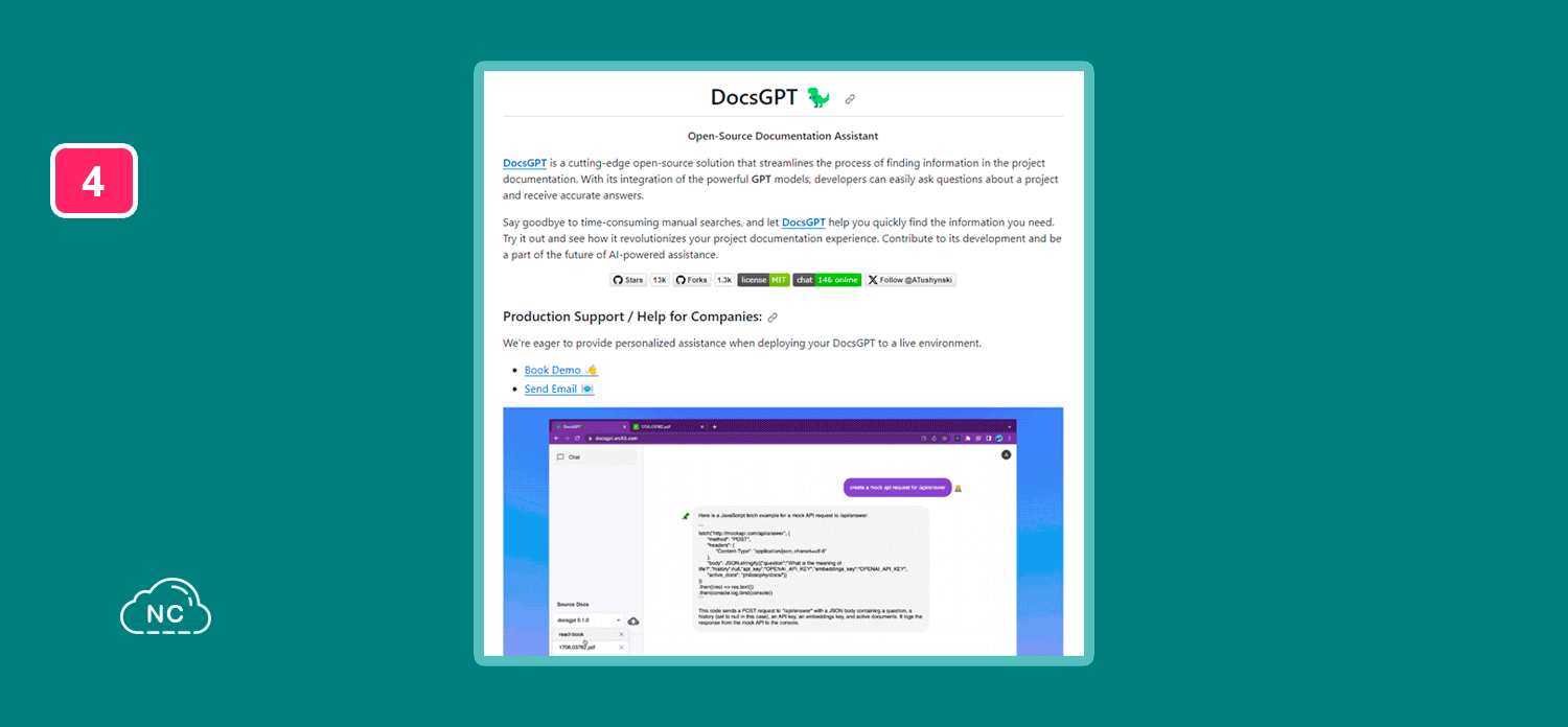 DocsGPT también puede crear códigos de ejemplo Repositorio DocsGPT en GitHub