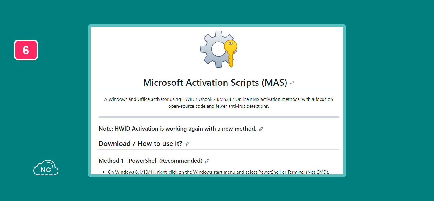 Es recomendable usarlo en la PowerShell Repositorio Microsoft Activation Scripts en GitHub