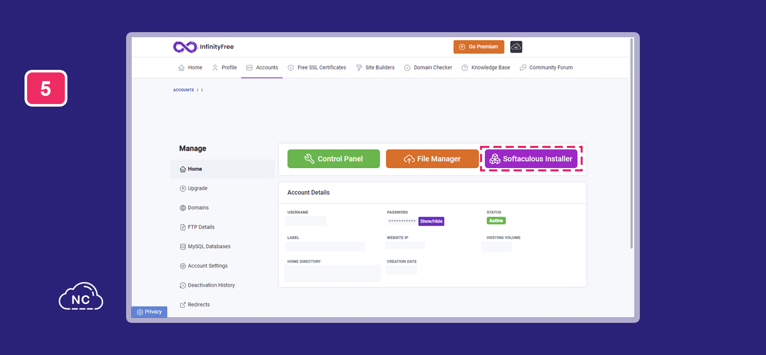 Este hosting te permite integrar un dominio gratis o de pago a tu WordPress Botón Softaculous Installer del hosting InfinityFree que te permite crear un proyecto de WordPress