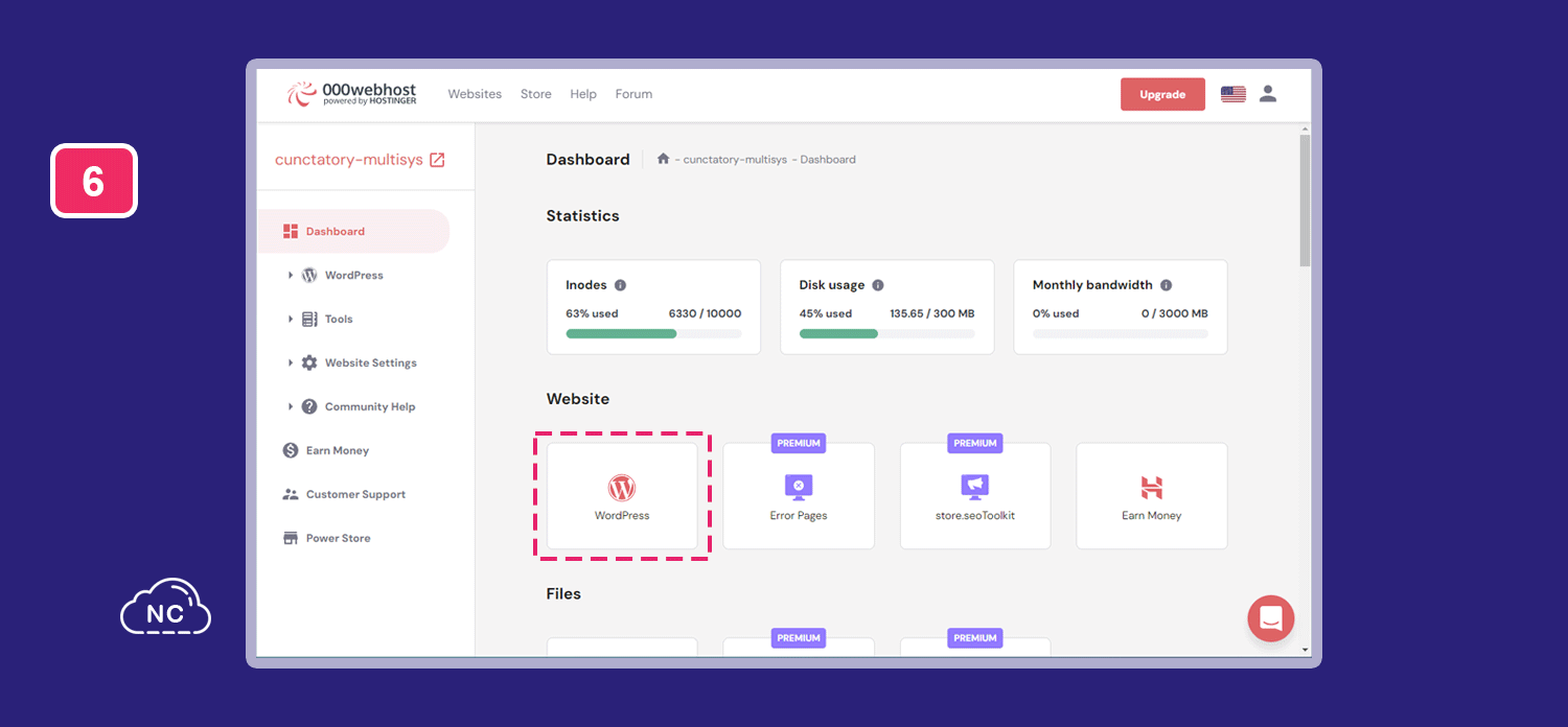 También te brinda una opción para agregarle un dominio a tu WordPress El hosting 000WebHost te brinda un panel amigable para gestionar tu WordPress