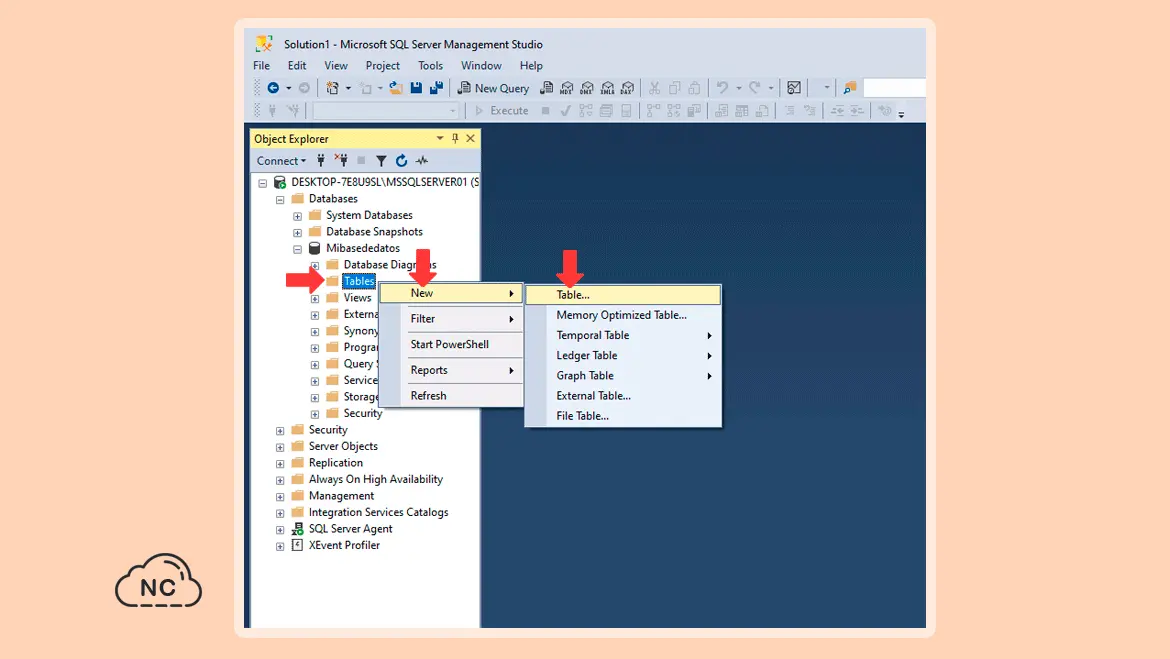No toques otras opciones, si no sabes para qué sirven Opción para crear una tabla en una base de datos en SQL Server en SQL Server Management Studio