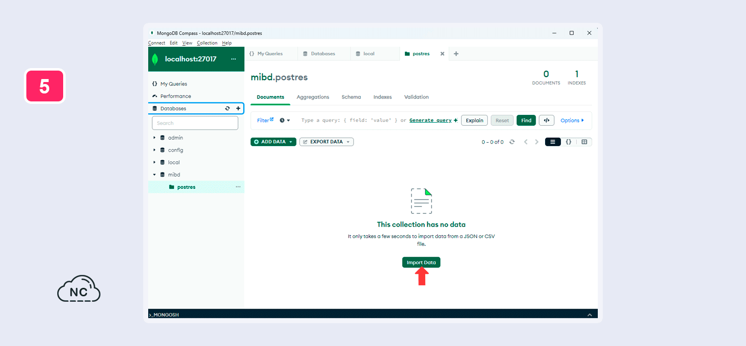 Con la opción Import Data puedes importar más datos posteriormente Opción para importar datos a una colección en MongoDB Compass