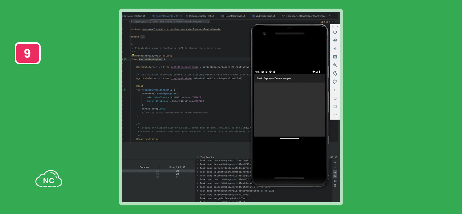 Esta herramienta se complementa con el emulador de Android Studio Cambios de configuración con la API del dispositivo Espresso