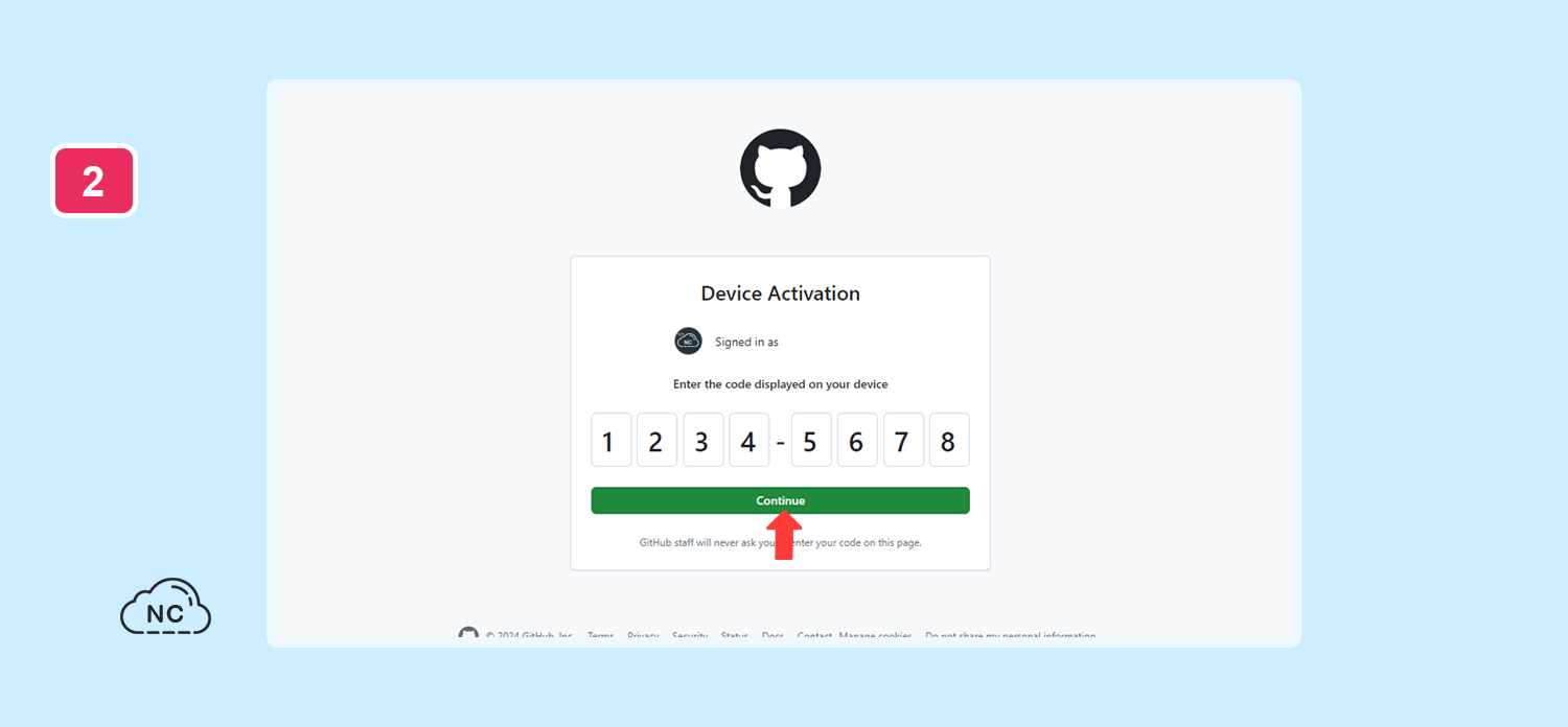 Revisa bien si los dígitos son correctos Ventana de activación de dispositivo de la GitHub CLI