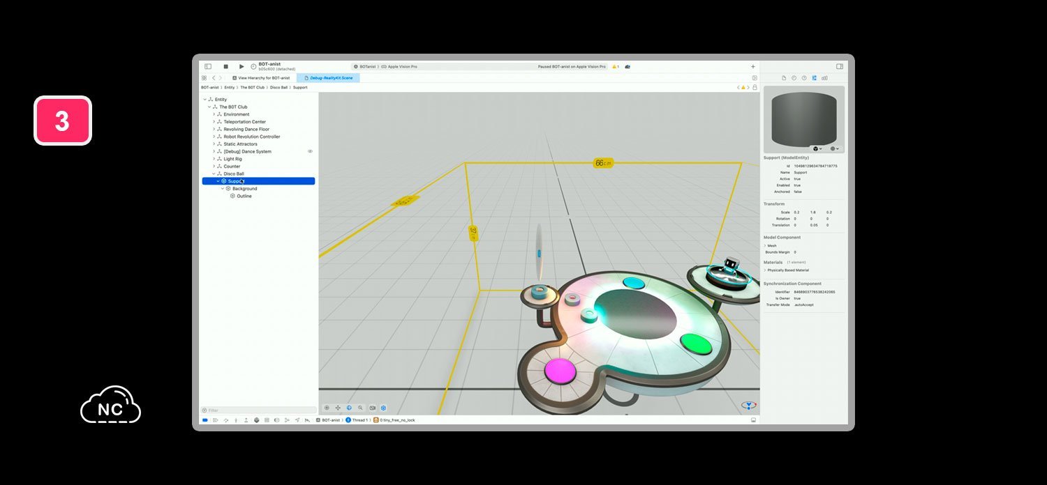 En tiempo real puedes ver cuanto espacio ocupan determinados elementos de tu aplicación para Apple Vision Pro Depurador de RealityKit