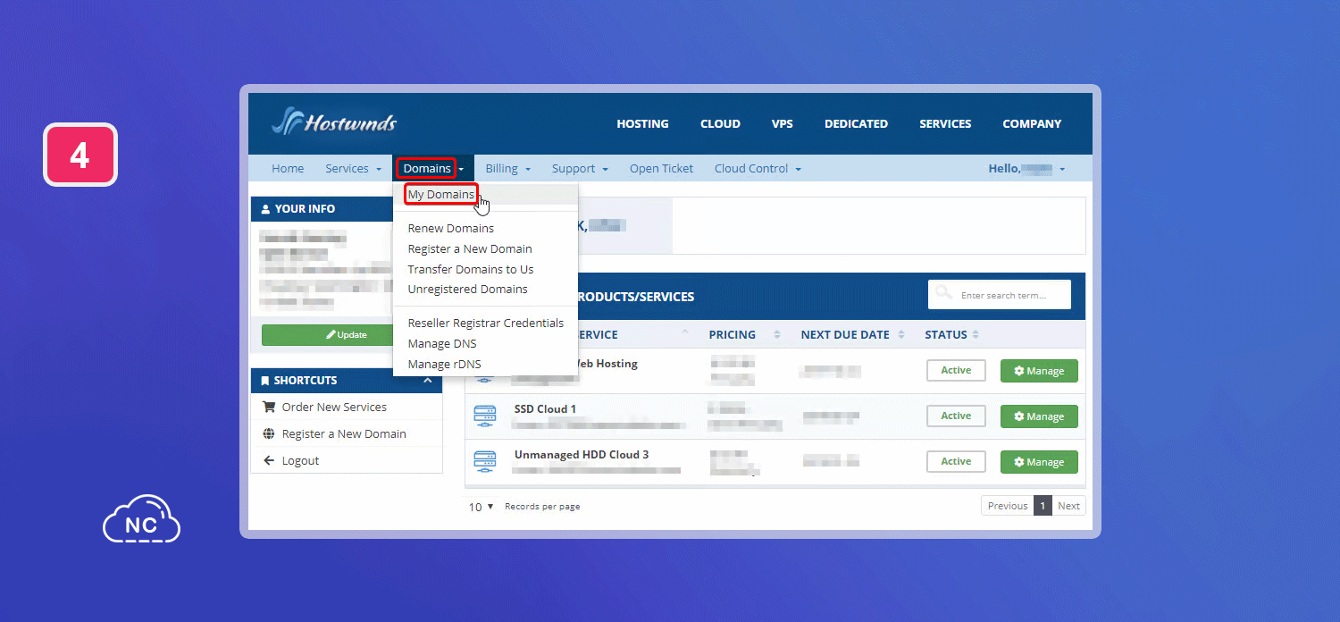 Te brinda información de la fecha de renovación de tu VPS Panel de administración del VPS Hostwinds para Java