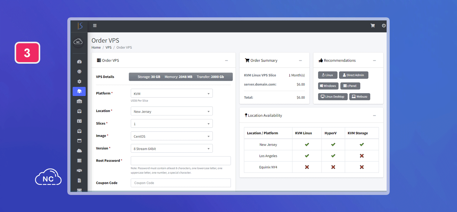 La plataforma te genera un password seguro para tu VPS Panel de creación de un VPS para Java de Inter Server