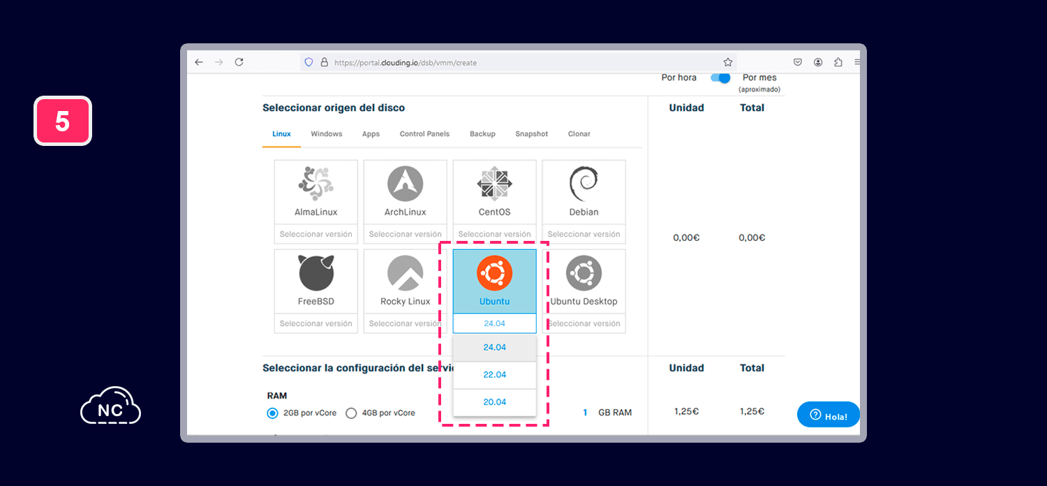 En el futuro Clouding.io también brindará las nuevas versiones de Ubuntu Seleccionando el sistema operativo Ubuntu para el VPS