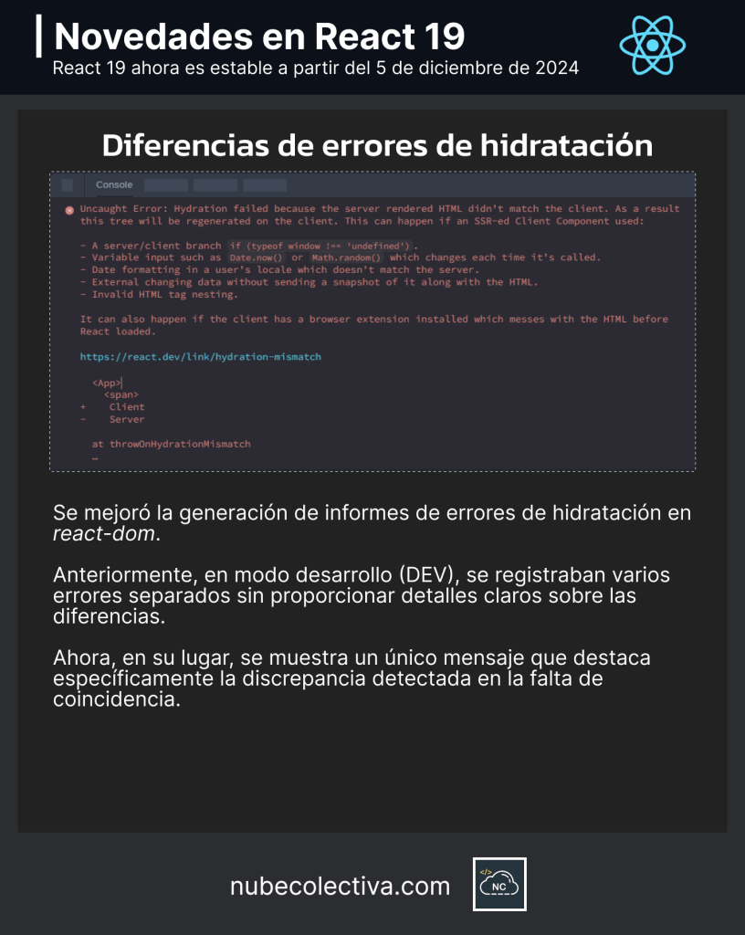 Diferencias de Errores de Hidratación en React 19