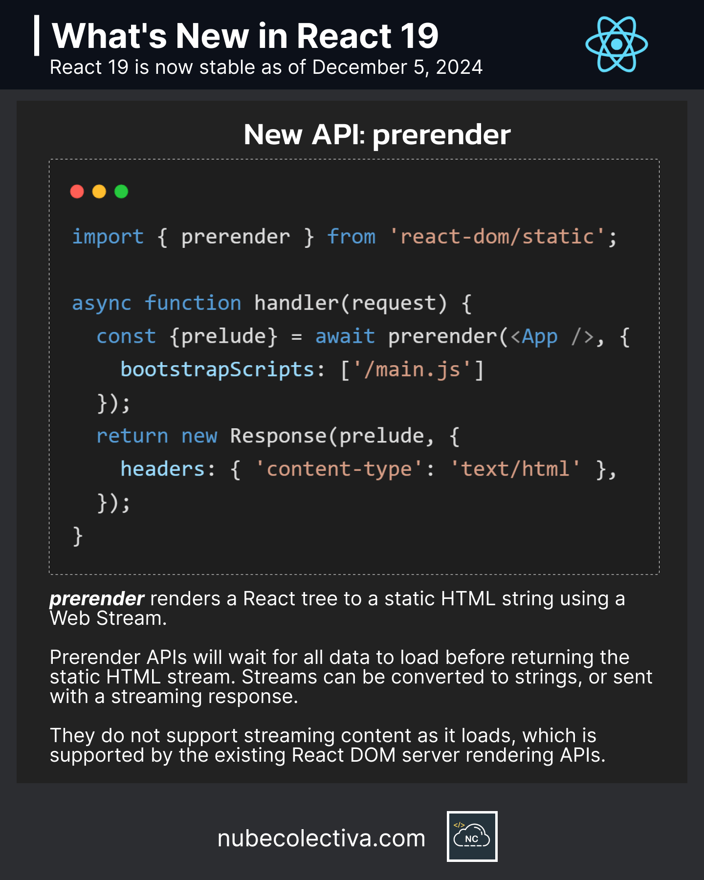 New 'prerender' API in React 19