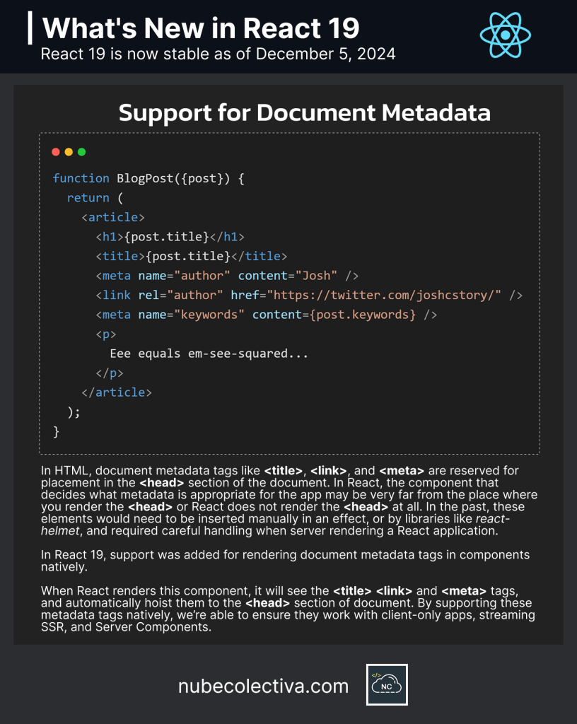 Document Metadata Support in React 19