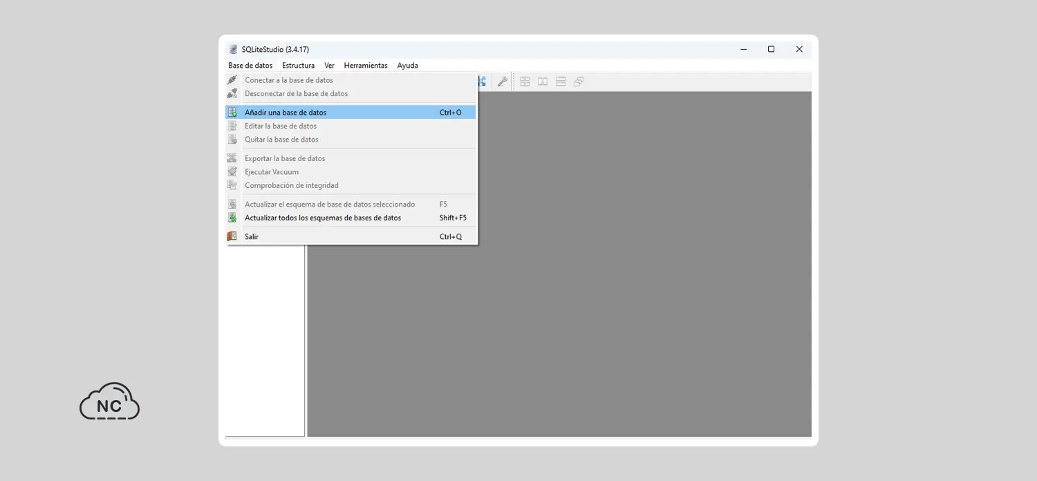 También puedes presionar las teclas CTRL + O en Windows para crear una base de datos Creando una base de datos en SQLite Studio