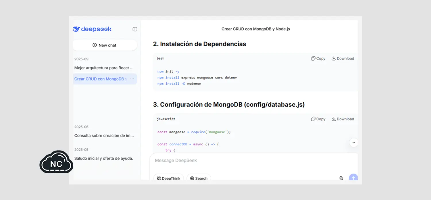 Actualmente DeepSeek permite descargar el código en formato .sh Usando MongoDB en un proyecto de Node JS y MongoDB