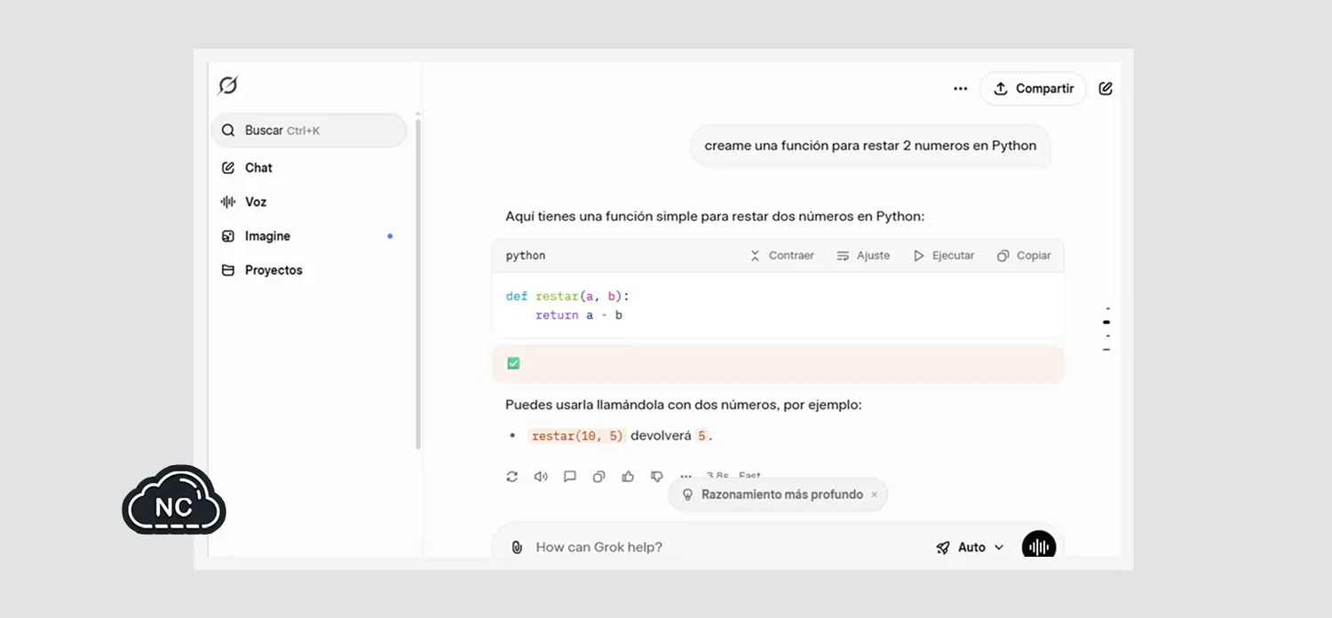 Su interfaz es amigable y limpia Usando Grok AI en un proyecto de Python
