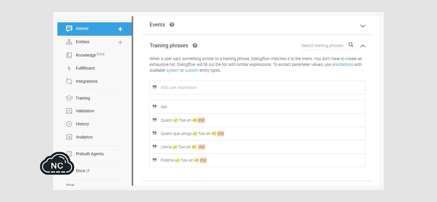 Es para un proyecto de una aplicación de taxi Creando entidades en Dialogflow