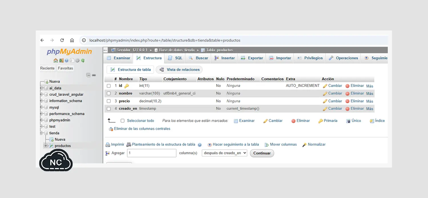 La consulta SQL la ejecute en la pestaña SQL de phpMyAdmin (ojo no lo hice dentro de una bd) Base de datos y tabla creada en MySQL 8