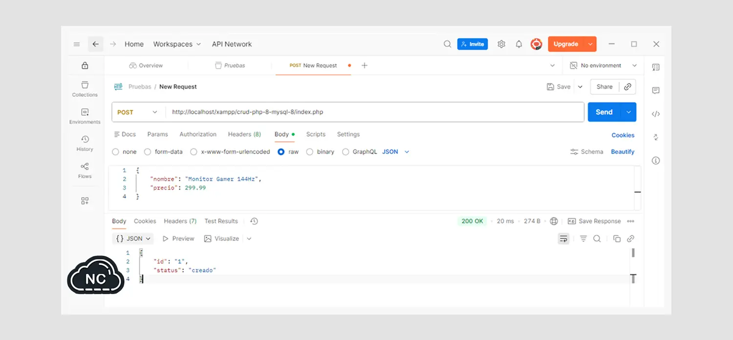 Postman nos da 200 OK que indica que la tarea se realizó correctamente Poducto creado correctamente con PHP 8 y MySQL 8