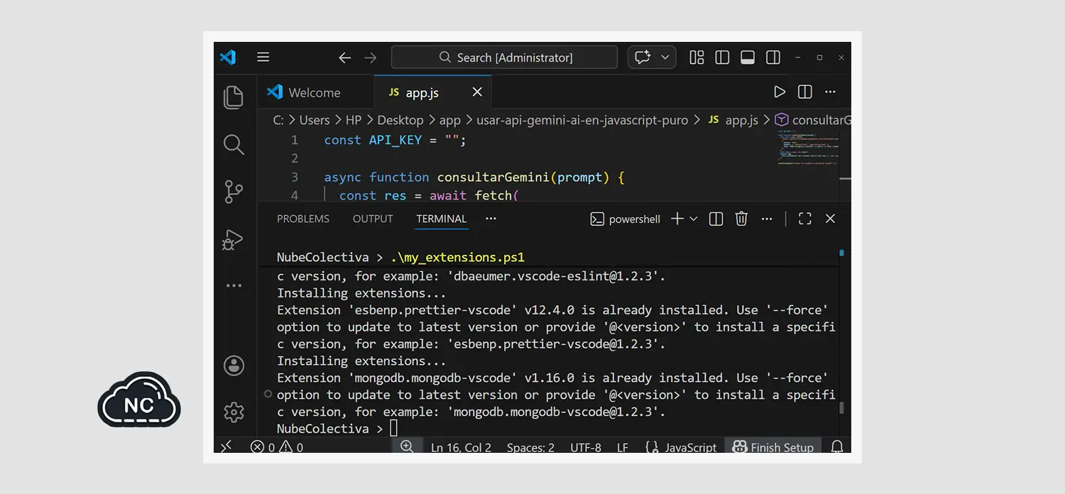 Ejecutando el script para instalar varias-extensiones en VSCode