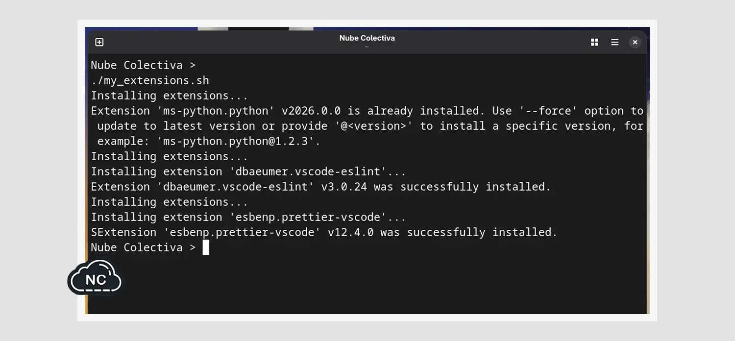 Ejecutando el script para instalar varias-extensiones en VSCode en Linux