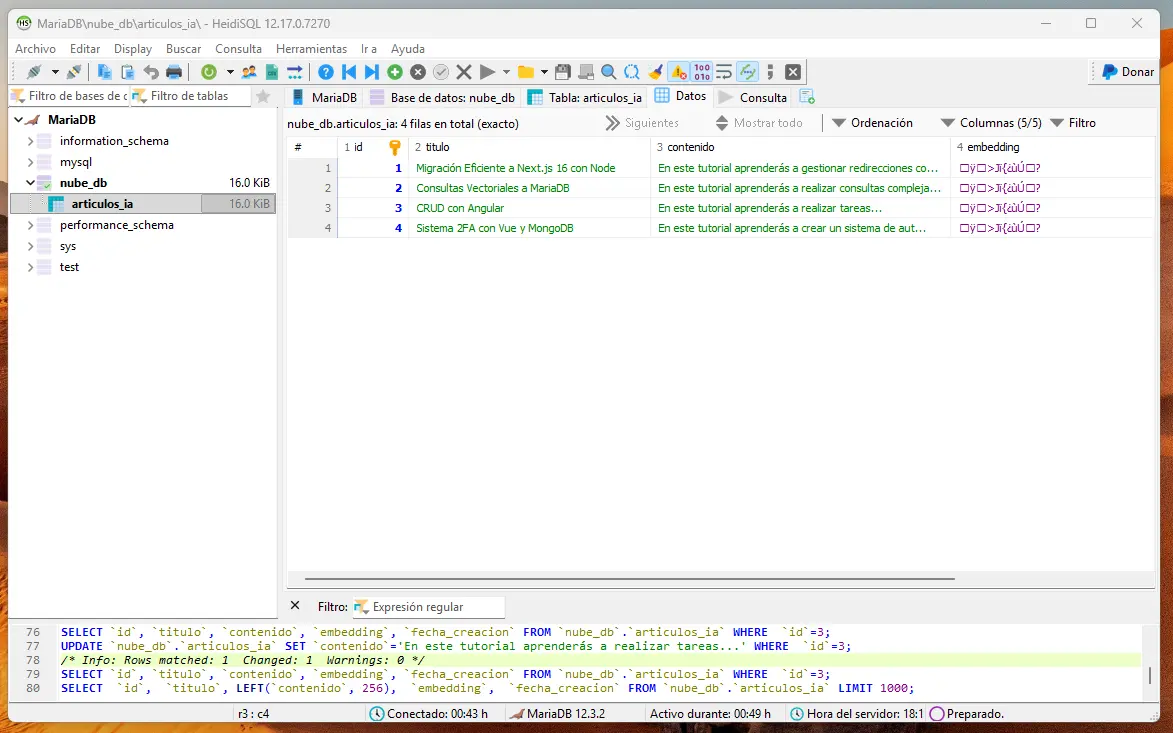 Estoy usando HeidiSQL para gestionar mis bases de datos de MariaDB Datos insertados en MariaDB